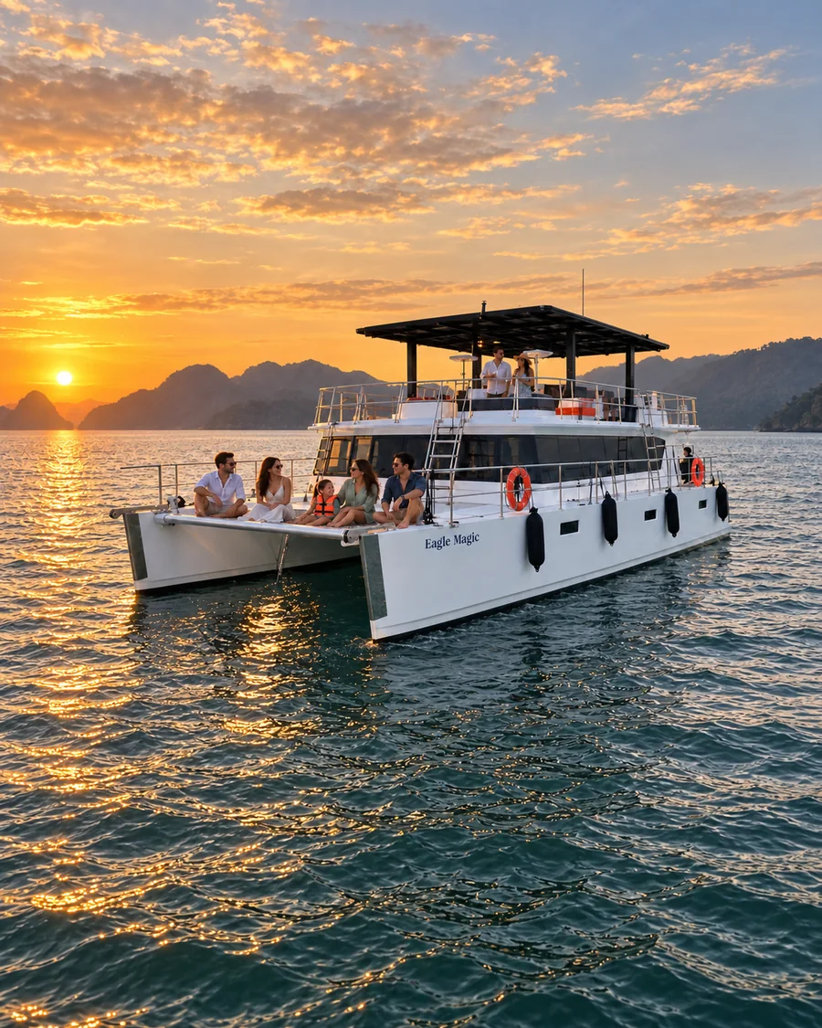 Guests on the foredeck of the Eagle Magic catamaran at sunset in Langkawi