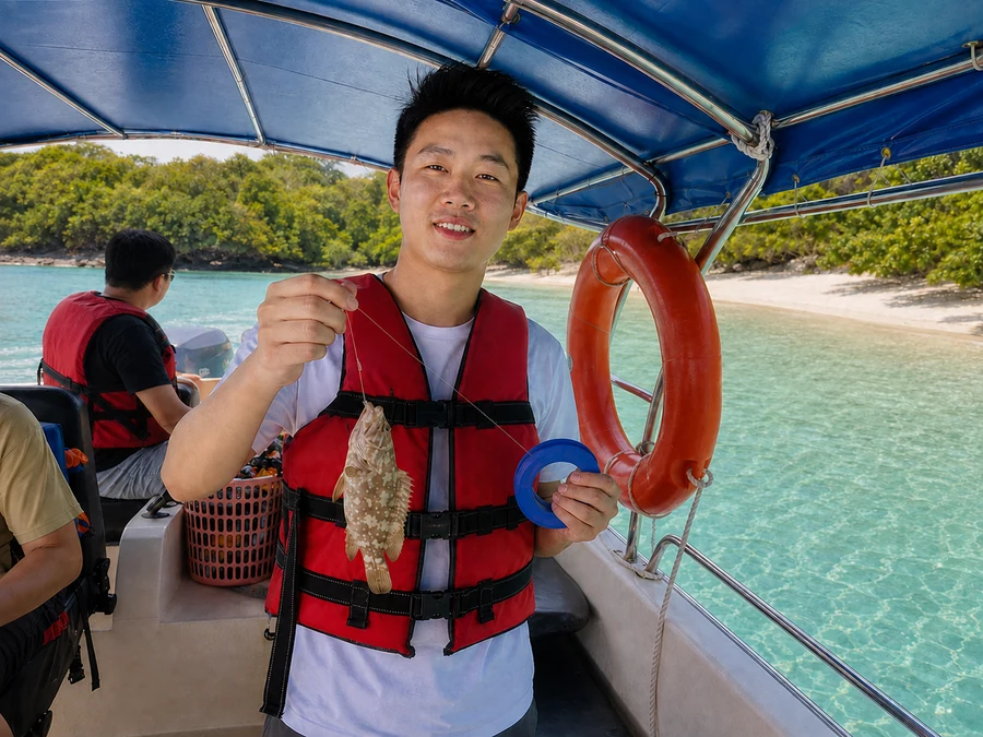 穿救生衣的游客在船上展示手线海钓的鱼获