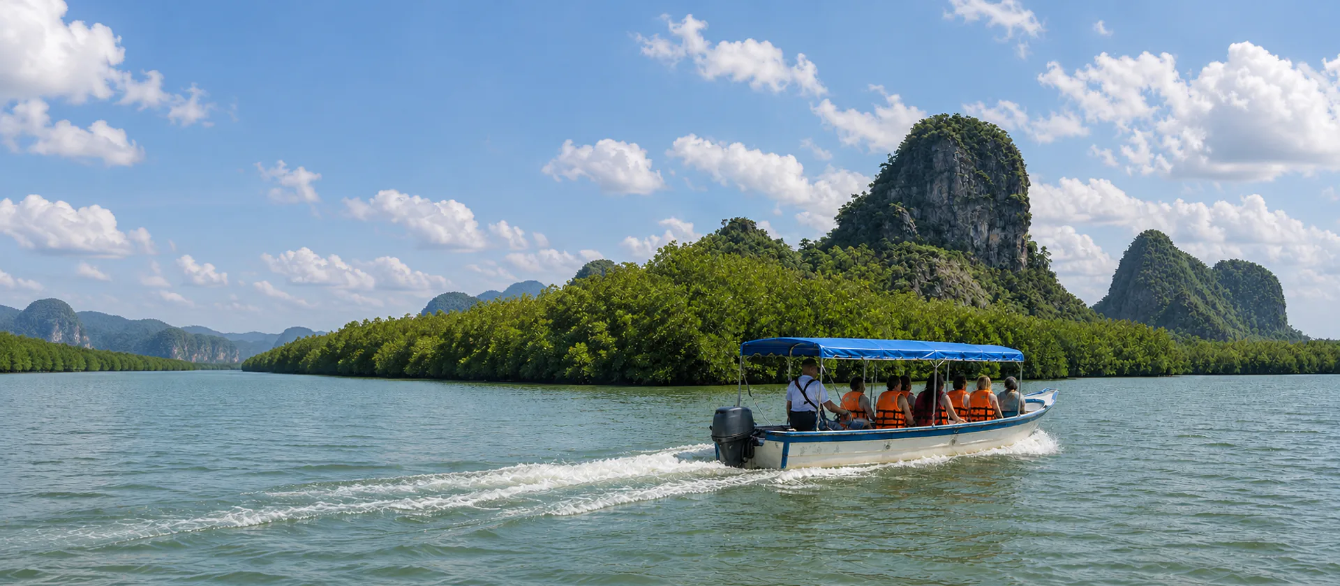 Boat carrying guests through a shaded mangrove channel at Tanjung Rhu, Langkawi