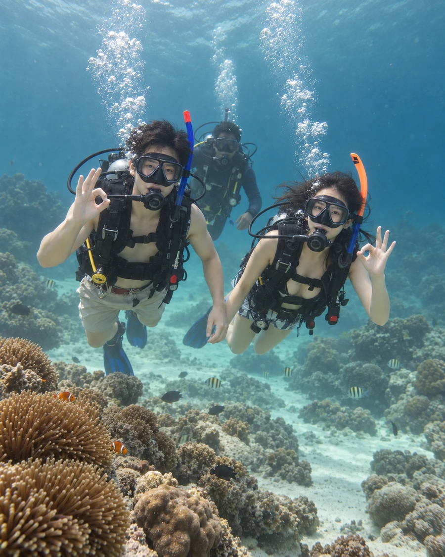 Three scuba divers posing above a coral reef