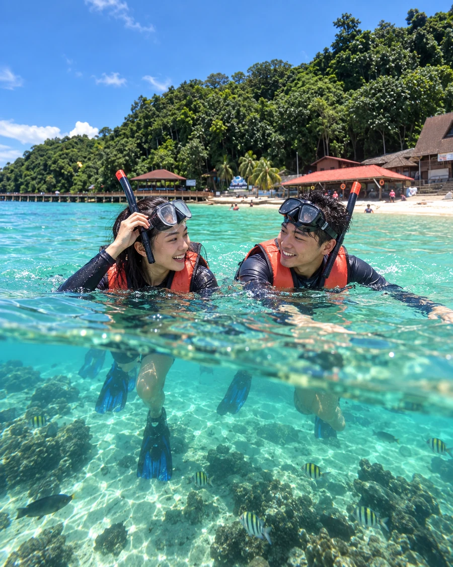 Two guests wearing life jackets in the shallow water at Pulau Payar
