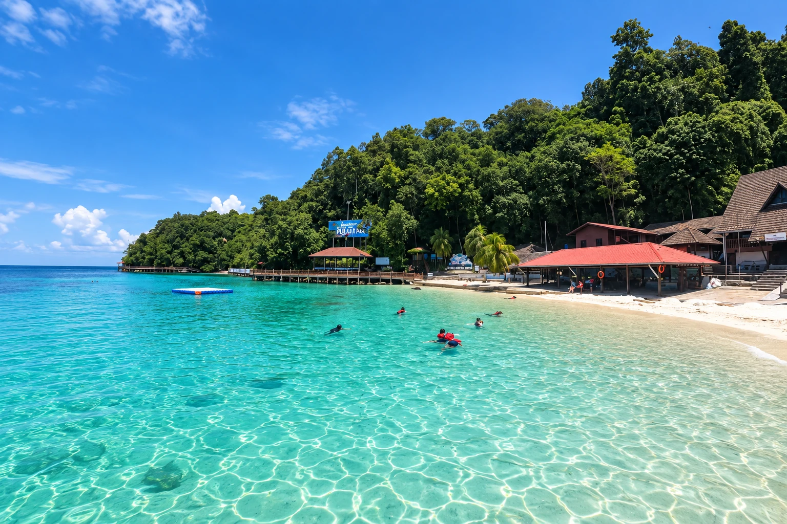 Clear shallow water, beach and red-roof shelters at Pulau Payar